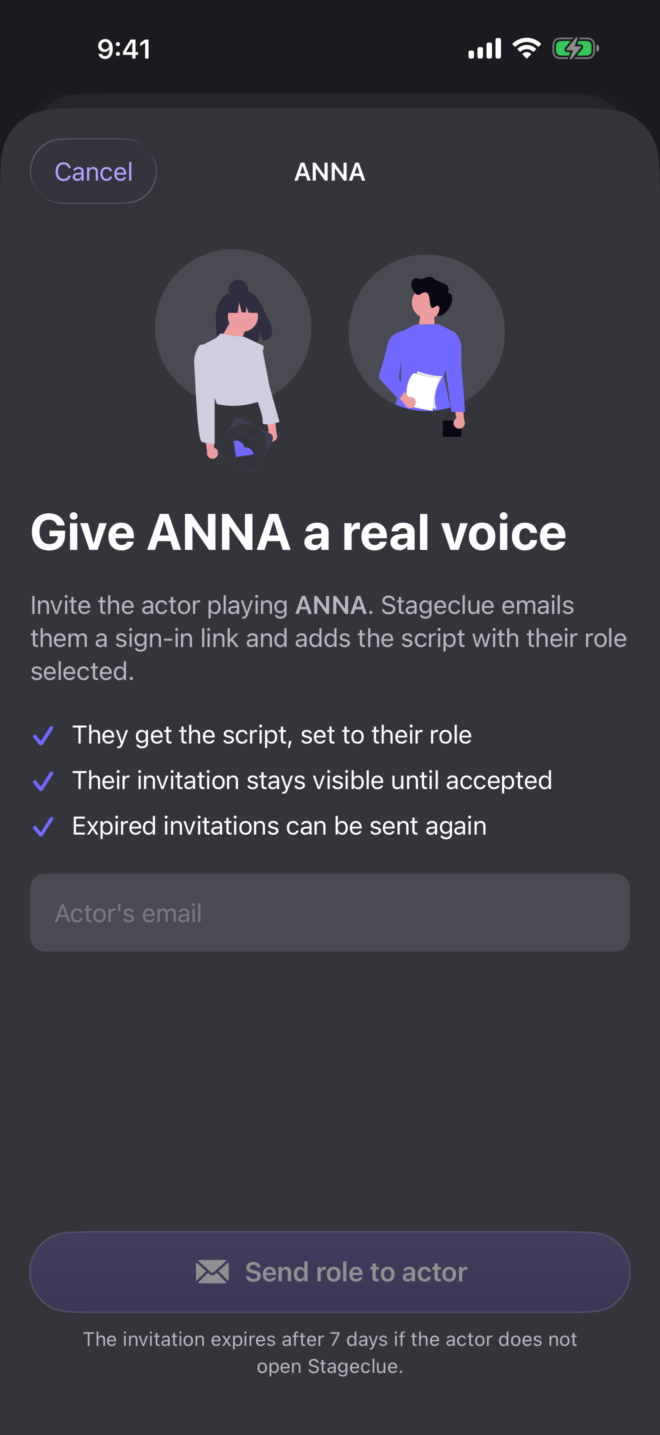 Invite an actor to the role of Anna, sharing the script and each other’s voices