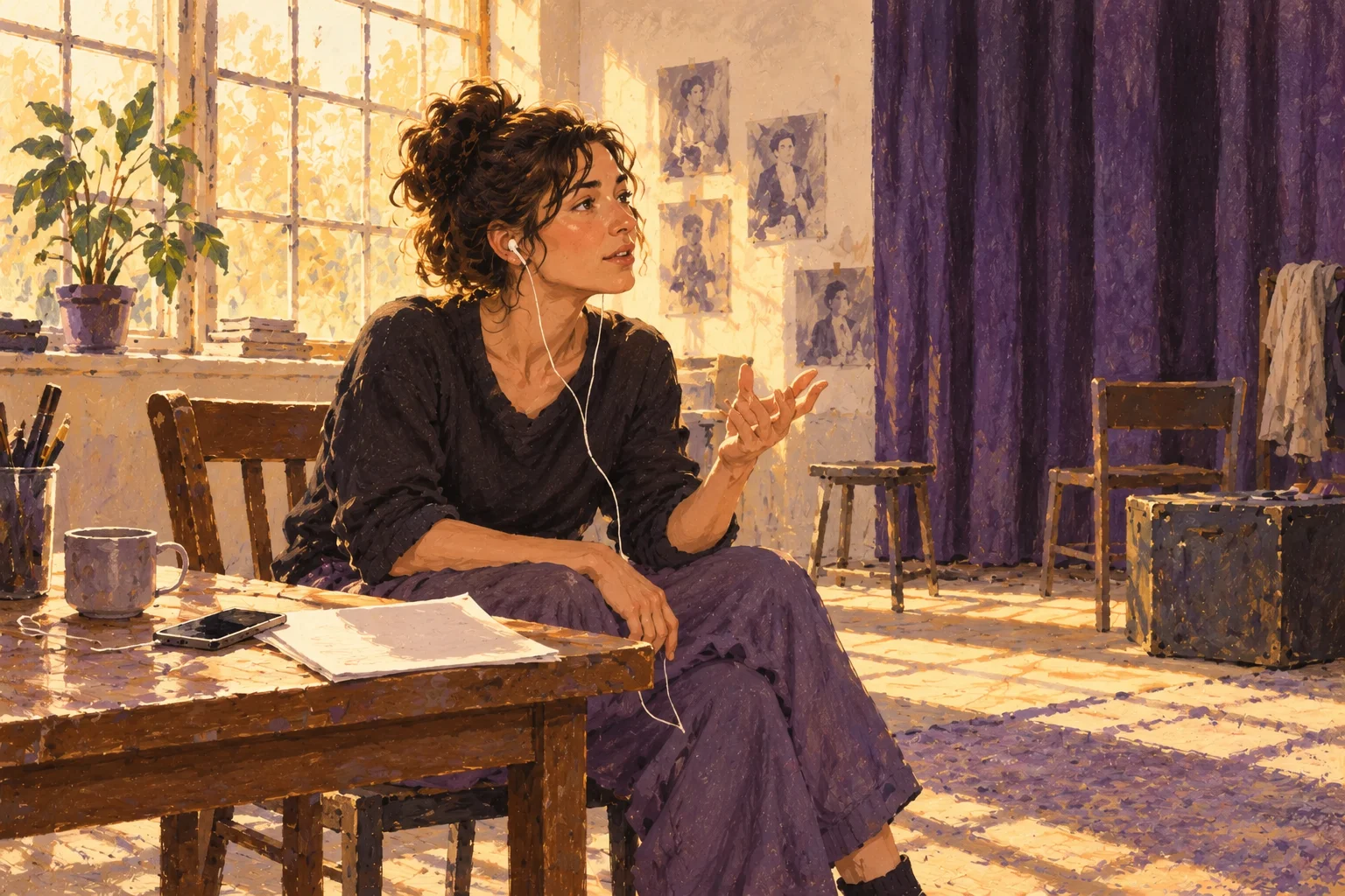 Illustration of an actress looking up from her script and rehearsing a line while listening through earphones