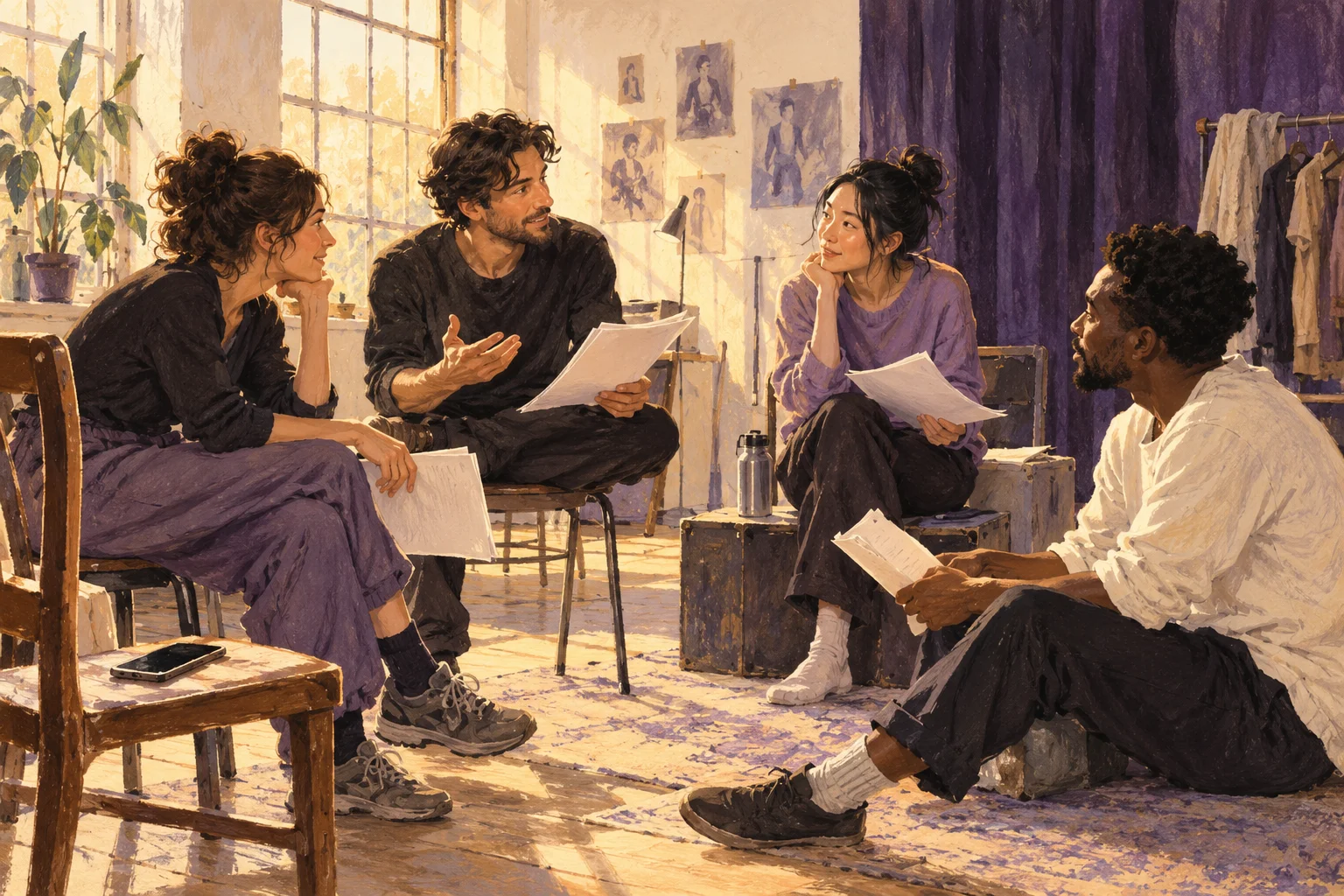 Illustration of four actors listening to one another as they rehearse with scripts