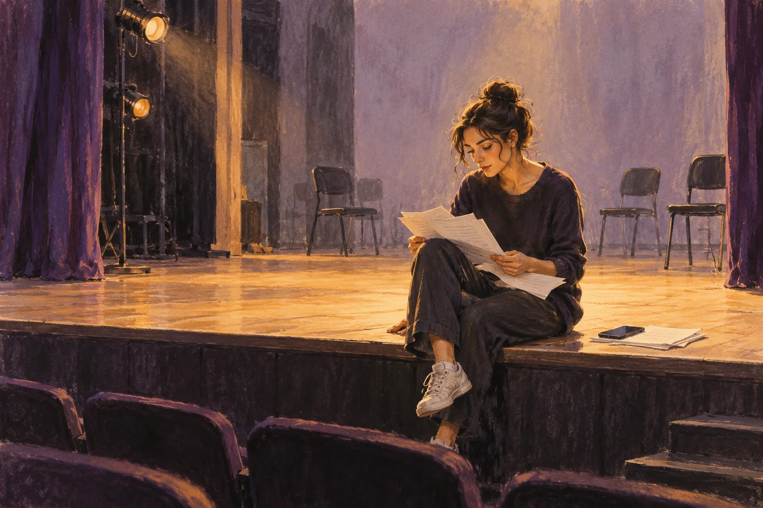 Illustration of an actress studying script pages on a quiet theatre stage